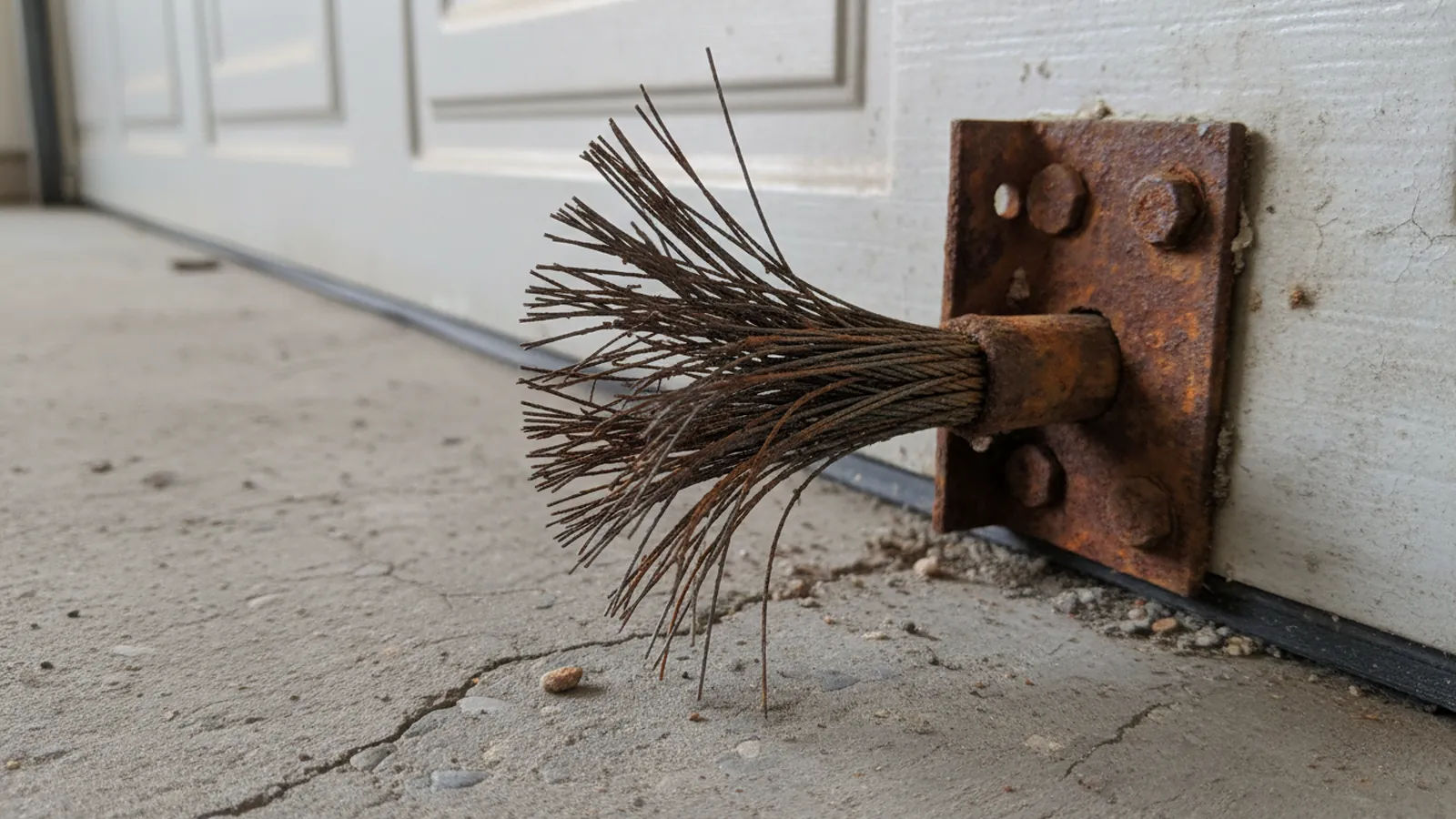 Close-up of a frayed steel lift cable where it anchors to the bottom bracket of a garage door, strands splayed and rust-streaked