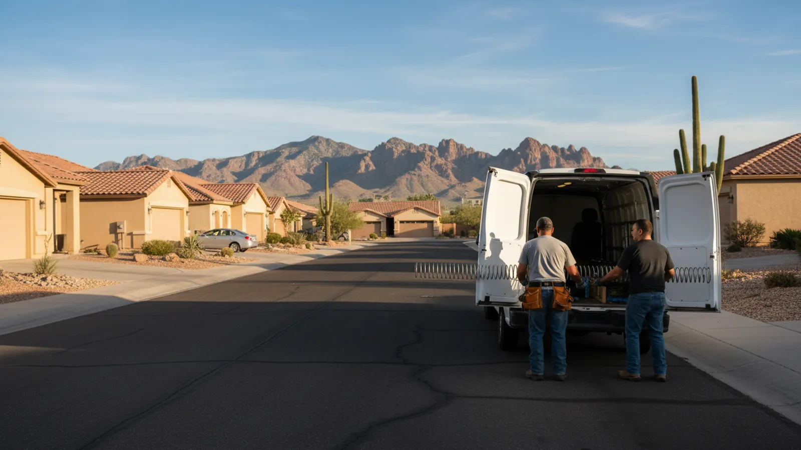Two garage door technicians loading a torsion spring into a service van on a residential street in Surprise, Arizona, with the White Tank Mountains in the distance