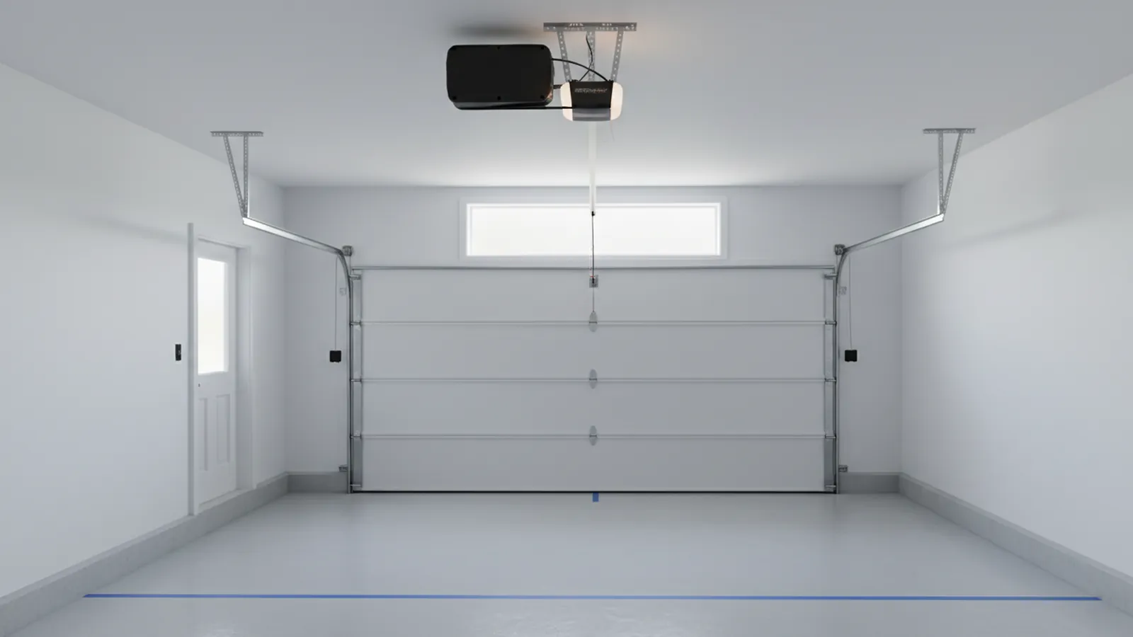 A freshly installed belt-drive garage door opener with battery backup mounted to the ceiling of a clean two-car garage