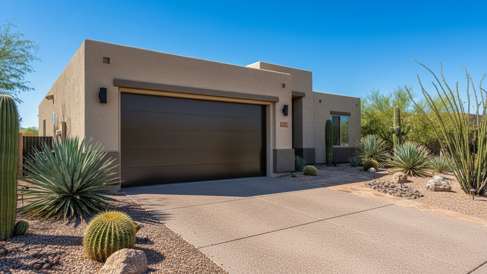 A new flush-panel insulated steel garage door in dark bronze on a single-story stucco home under a clear Arizona sky