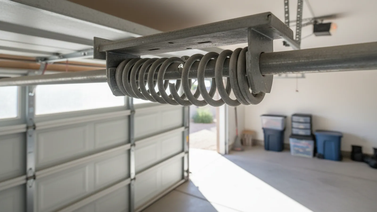 A broken torsion spring on the shaft above a garage door, the coils separated by a clear gap, dust on the steel from a desert garage