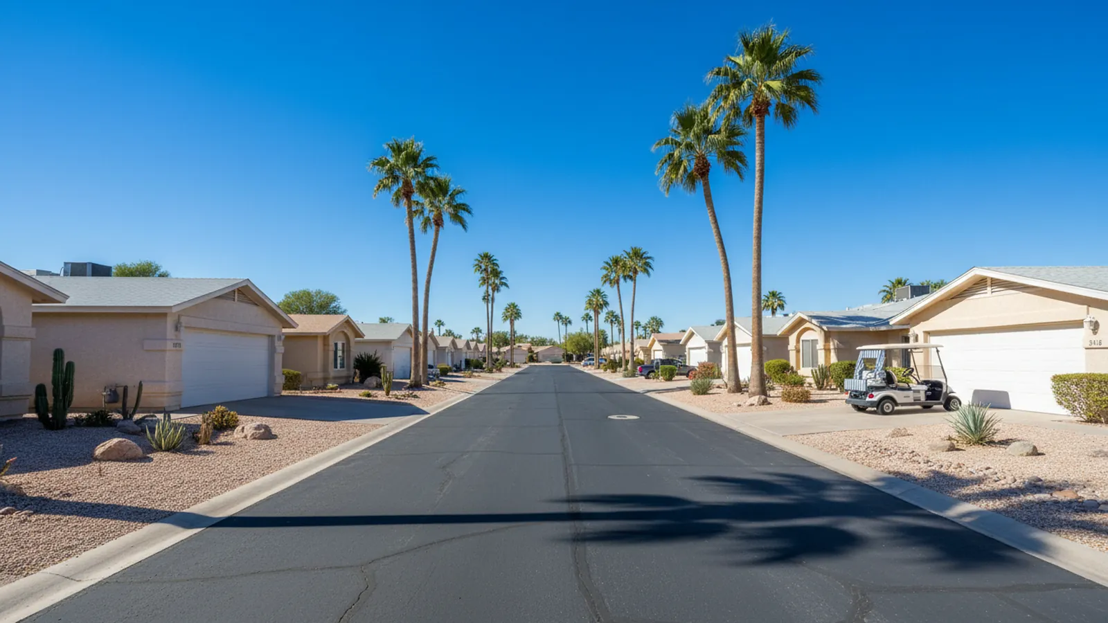 Quiet street of single-story homes with white garage doors and gravel yards in a Sun City retirement community, a golf cart parked in a driveway